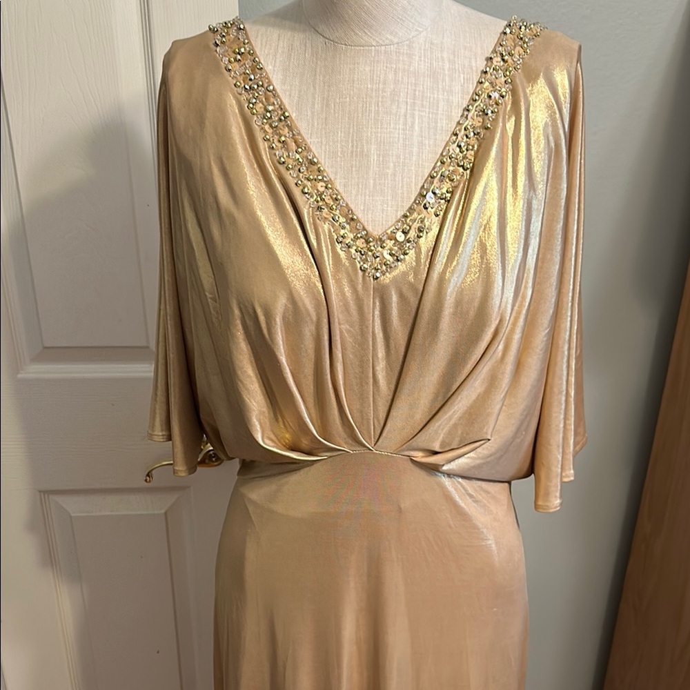Badgley Mischka Gold Maxi Dress with V-Neck and Dolman Sleeves